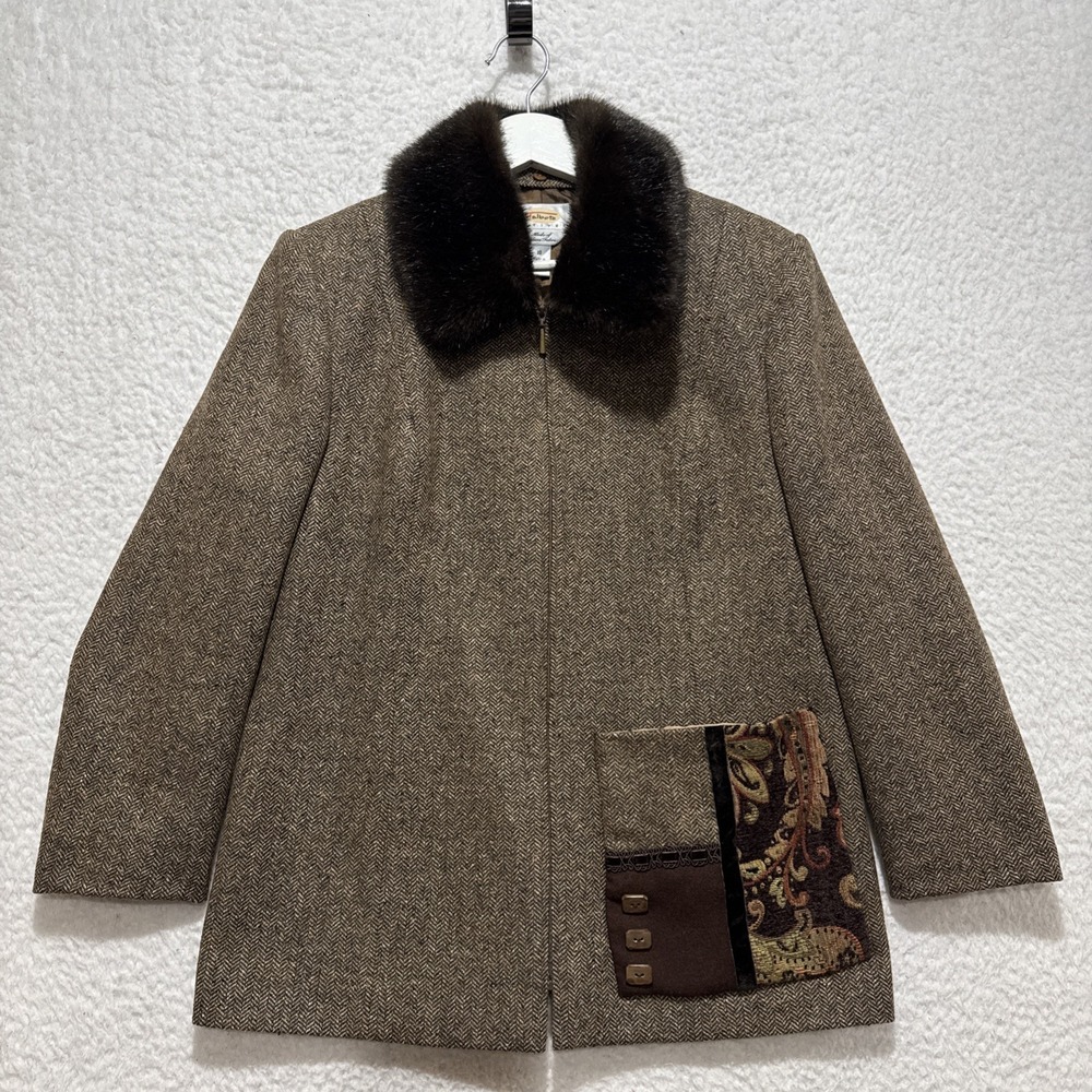 VTG Talbots Jacket Womens 10P Brown Long Sleeve Herringbone Faux Fur Collar RARE